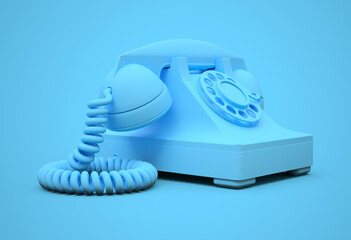 Old blue dial telephone on a blue background. 3d illustration.