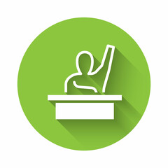 White Active male kid raising hand answering to teacher question icon isolated with long shadow. An elementary student raises his hand. Green circle button. Vector