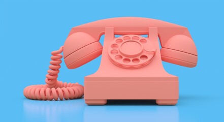 Old pink dial telephone on a blue background. 3d illustration.