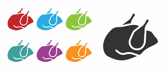 Black Roasted turkey or chicken icon isolated on white background. Set icons colorful. Vector