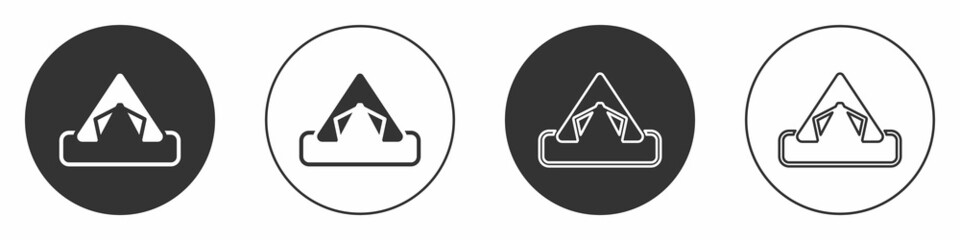 Black Tourist tent icon isolated on white background. Camping symbol. Circle button. Vector