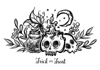 Vector illustration, Halloween, jar with insects, candle, skulls, mystic, witchcraft. handmade, prints