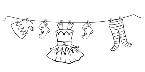 Clothes are hung on a hanger. Christmas decor. Doodle style outfit for Santa's helper elves. Vector illustration isolated on white background.