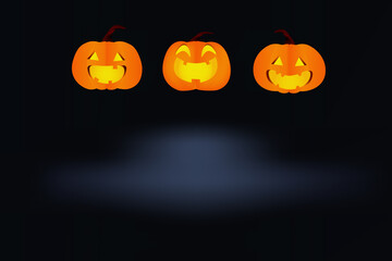 Three pumpkin dolls on dark background and copy space with text.Smile pumpkin face dolls.Happy halloween concept.Vector and illustration.