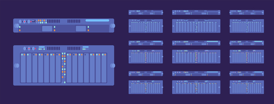 Server modules dark set, technology for high performance computing system. Desktops, laptop memory component for superior speed, hardcore gamers, data loading. Vector flat style cartoon illustration