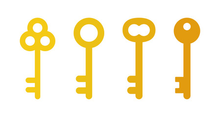 Old key icons set. Golden brass retro key icon vector illustration