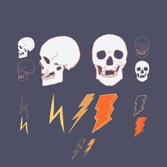 set of skulls and thunder vector illustration