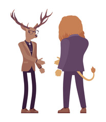 Animals, deer, lion meeting to greet, reach out hand shake. Large male beasts wearing formal human business wear facing each other for congratulation, agreement, farewell gesture. Vector illustration