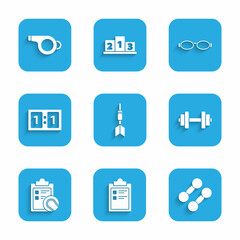 Set Dart arrow, Sport training program, Dumbbell, Checklist clipboard and tennis ball, mechanical scoreboard, Glasses for swimming and Whistle icon. Vector
