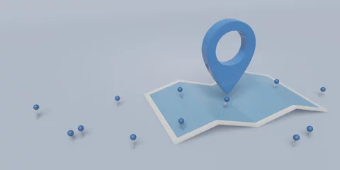 Foto op Plexiglas Search concept with simple locator mark of map and location pin or navigation map pointer symbol on blue background. Route planner, milestone path concept. 3D render © ptgregus
