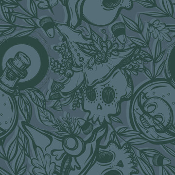 Vector illustration, Halloween, skulls, witch hat, potion bottle, mystic, witchcraft. handmade, prints, background grey blue, seamless pattern