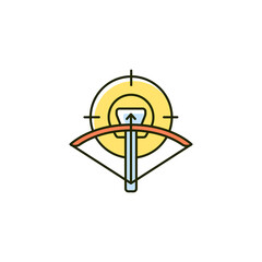 Hunting with crossbow RGB color icon. Archery season. Use camouflage and game call to attract prey. Pursue and kill wild animal. Isolated vector illustration. Simple filled line drawing