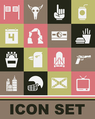 Set Retro tv, Pistol or gun, Burger and french fries, Number 1 one fan hand glove, Grand canyon, Calendar with date July 4, Saloon door and Stacks paper money cash icon. Vector
