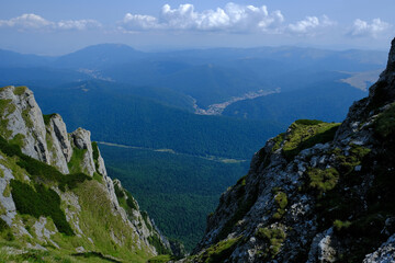 Fototapeta na wymiar Amazing landscape seen from Caraiman Peak in Bucegi mountains, Carpathians, Prahova, Romania