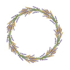 Lavender flowers and wheat ears hand drawn wreath isolated on white background vector illustration