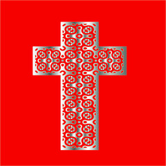 
cross with patterns of metal on a red background. 