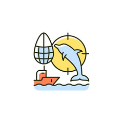 Dolphin drive hunting RGB color icon. Drive dolphins with boat to shore and kill. Fishing method. Trading sea mammals to dolphinarium. Isolated vector illustration. Simple filled line drawing
