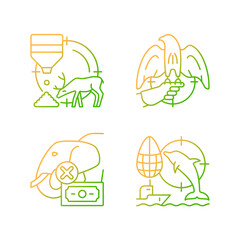 Fototapeta premium Illegal hunting gradient linear vector icons set. Bait hunting. Dolphin and elephant cruel hunt. Unlawful ivory trade. Thin line contour symbols bundle. Isolated outline illustrations collection
