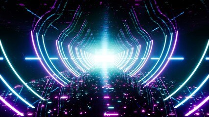 Neon Curved Light Cyberspace Tunnel 3D Rendering