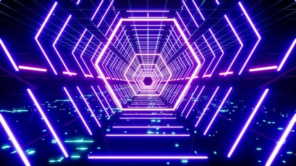 Neon Purple Polygon Shape Light Lamp in the Cyber Technology Passage 3D Rendering
