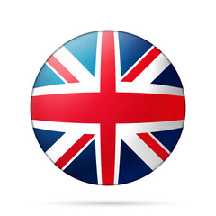 Glass light ball with flag of United Kingdom. Round sphere, template icon. English national symbol. Glossy realistic ball, 3D abstract vector illustration highlighted on a white background. Big bubble