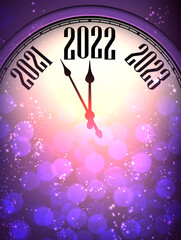 Fototapeta na wymiar Half hidden purple new year clock showing 2022.