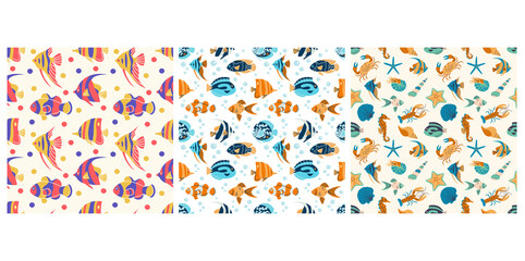 Tropical underwater fauna seamless pattern vector illustration. Exotic fishes texture design. Ocean wildlife background. Reef animals wrapping.