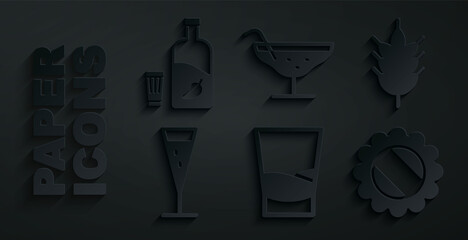 Set Glass of vodka, Hop, champagne, Bottle cap, Cocktail and Vodka with pepper and glass icon. Vector