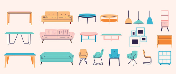 Modern furniture simple elements collection. Table, chair, sofa and home decor flat isolated set. Different interior objects in trendy flat design.