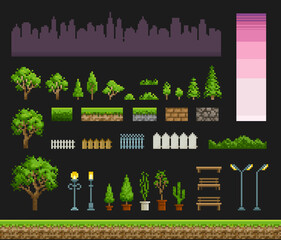 Pixel art urban landscape silhouette with park element and city objects for create scene for 8 bit game. Forest trees,  grass and skyscrapers vector set.  Forest landscape background creator