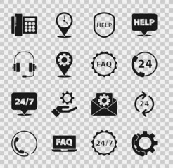 Set Telephone 24 hours support, Shield with text Help, Location gear, Headphones, and Label FAQ icon. Vector