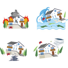 火災　洪水　地震　竜巻　イラスト　ベクター