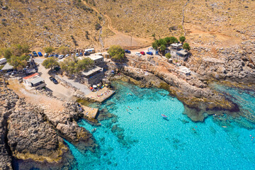 Amazing rocky beach of Ombros Gialos, Chania, Crete, Greece.