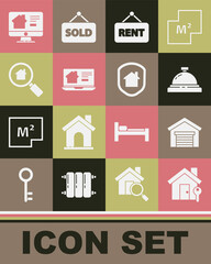 Set House with key, Garage, Hotel service bell, Hanging sign Rent, Online real estate house, Search, and under protection icon. Vector