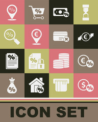 Set Money coin with percent, Financial growth and euro, Cash location, Magnifying glass, Location discount and Credit card remove icon. Vector