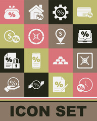 Set Clock and percent, Safe, Percent discount laptop, Gear with, Money coin, Purse money and Cash location icon. Vector