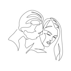 Continuous line of men and women show their love, kiss Valentine's Day Love Thailand vector illustration, hand-drawn lines, simple wedding couples.