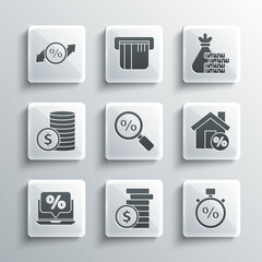 Set Coin money with dollar, Stopwatch and percent, House percant discount, Magnifying glass, Percent laptop, Discount tag and Money bag coin icon. Vector