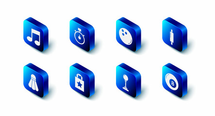 Set Stopwatch, Bowling ball, Rolling pin, Billiard pool snooker, Joystick for arcade machine, Paper shopping bag, Badminton shuttlecock and Music note, tone icon. Vector