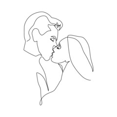 Continuous line of men and women show their love, kiss Valentine's Day Love Thailand vector illustration, hand-drawn lines, simple wedding couples.