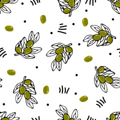 seamless pattern with olives and the outline of a twig with leaves