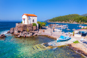 The little church of Panagia gorgona situated on a rock in Skala Sykamias, a picturesque seaside...