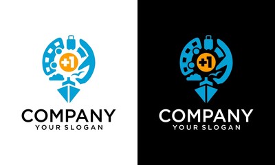 Embed travel logo template. Travel logos. Logo pins. Location on map logo concept. Airplane icon. Boat logo. bus logo. Vector travel bag logo into one in the form of a Pin map.