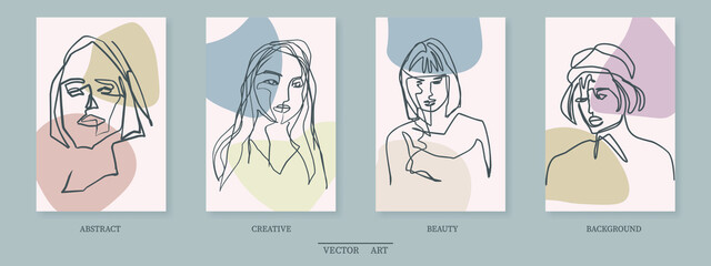 Surreal Faces Continuous line, drawing of set faces and hairstyle, fashion concept, woman beauty minimalist, vector illustration pretty sexy. Contemporary portrait