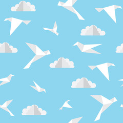 Seamless bird and cloud pattern. Repeat birds flying in the sky background. Origami paper craft style. Vector and illustration design.