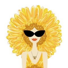 Floral female portrait, pretty woman in sunglasses. Design for fashion cards, banners, posters