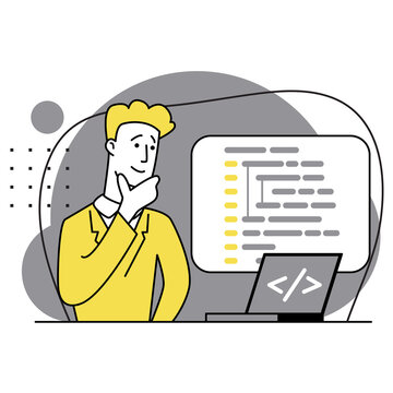 Concept of script coding, programming. A programming language. Programmer working on web development on computer. Software developers. Workplace of the programmer. Flat illustrations
