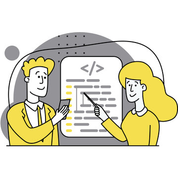 Concept of script coding, programming. A programming language. Programmer working on web development on computer. Software developers. Workplace of the programmer. Flat illustrations