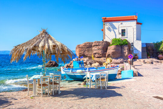 The little church of Panagia gorgona situated on a rock in Skala Sykamias, a picturesque seaside village of Lesvos
