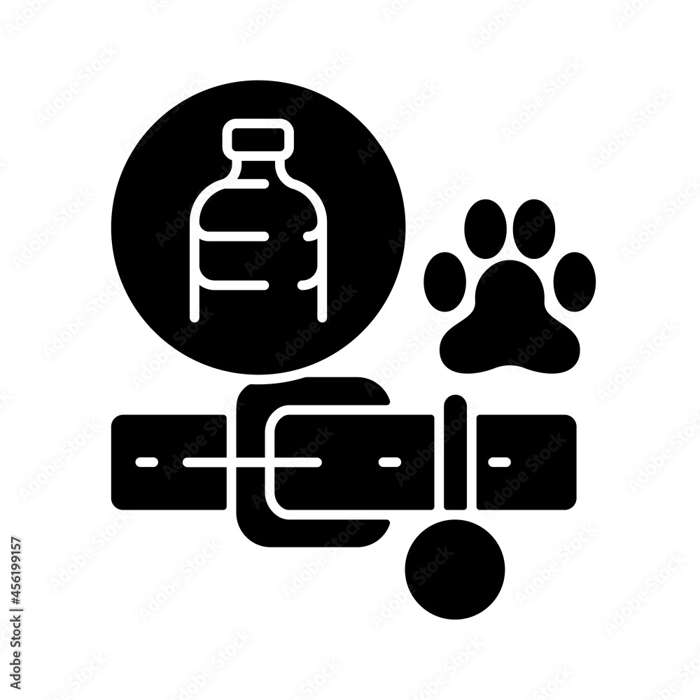 Poster Dog collars made from plastic black glyph icon. Eco-friendly accessory for puppy. Sustainable pet leash. Bottles recycling. Silhouette symbol on white space. Vector isolated illustration